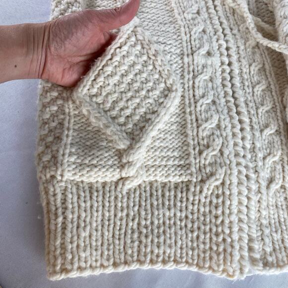 Indian Creations Fisherman Hooded Wool Zip Cardigan Sweater Women M Cream Chunky - Picture 12 of 12